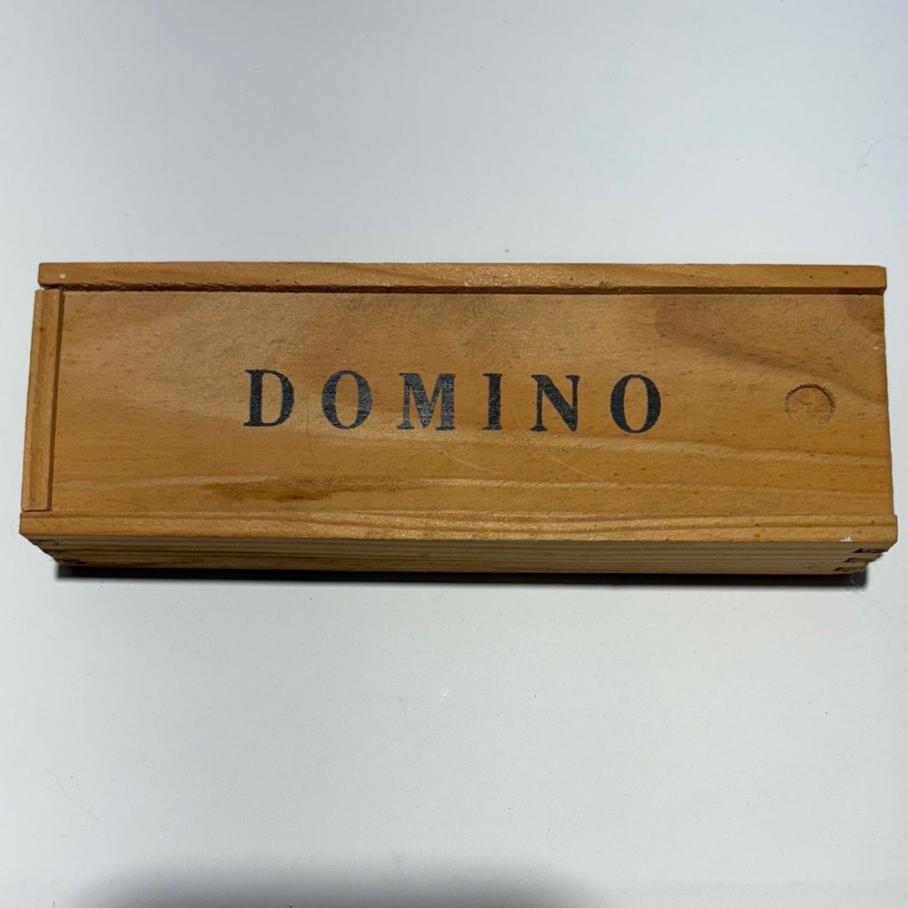 Natural Wood dominos  Storage Box with small wooden dominos.